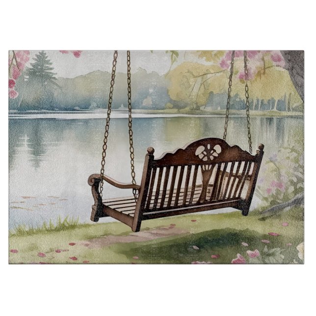 Planche À Découper Lakeside Swing dans le jardin d'aquarelle romantiq (Devant)