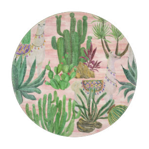 Planche À Découper Lamas aquarelle et motif cactus.