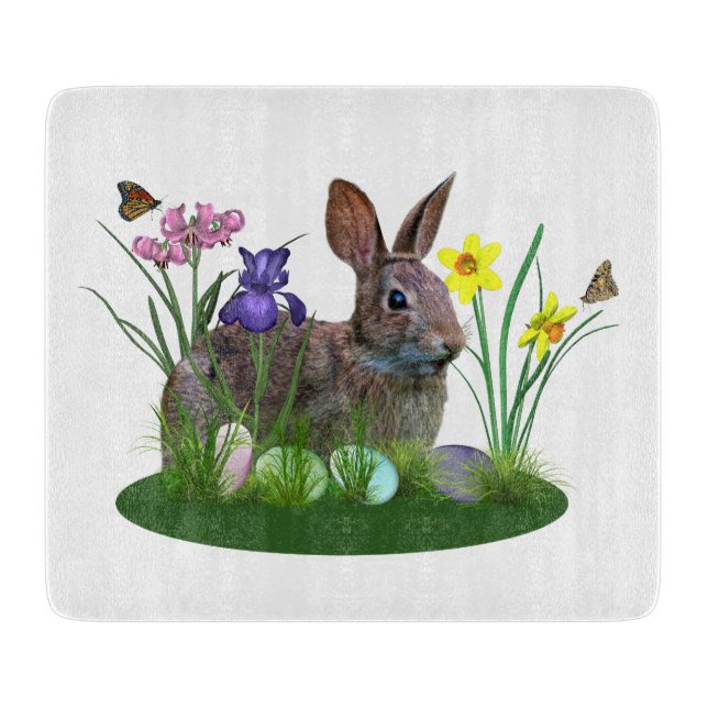Planche À Découper Lapin de Pâques, oeufs, et fleurs de ressort (Devant)