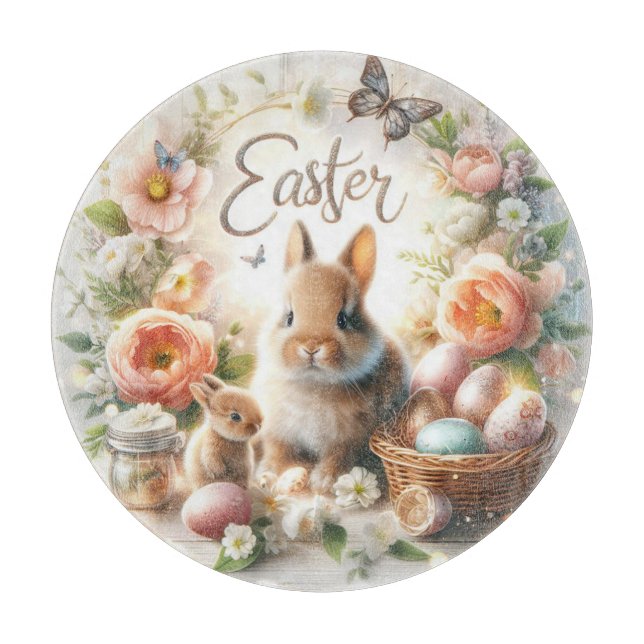 Planche À Découper Lapins de Pâques, oeufs et fleurs (Devant)