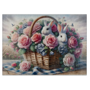 Planche À Découper Lapins nichés parmi les roses de cottage