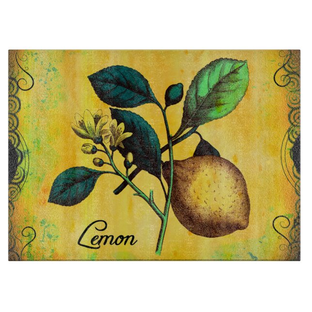 Planche À Découper Le fruit de citron fleurit le cru de feuille (Devant)