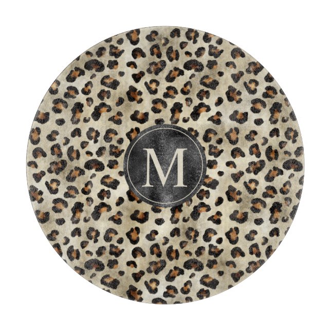 Planche À Découper Leopard Animal Print With Black Faux Foil Monogram (Devant)