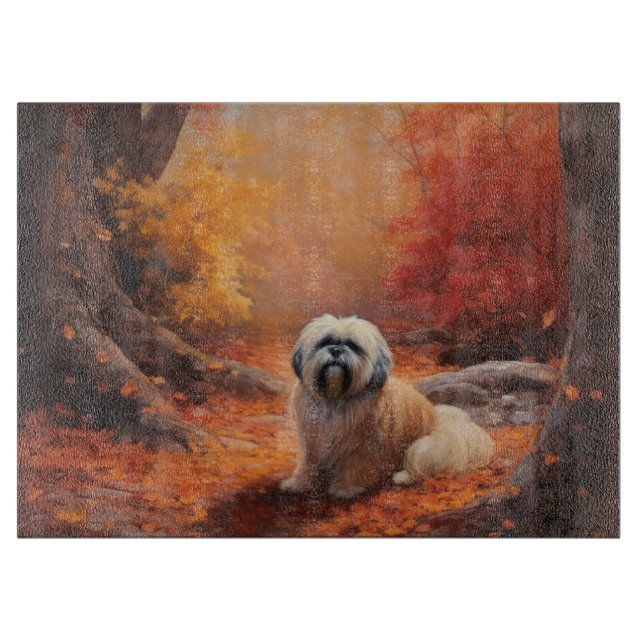 Planche À Découper Lhasa Apso dans les feuilles d'automne tombent ins (Devant)