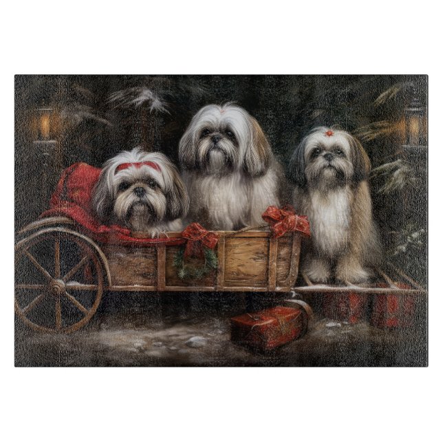 Planche À Découper Lhasa Apso Traîneau enneigé Décor de Noël (Devant)