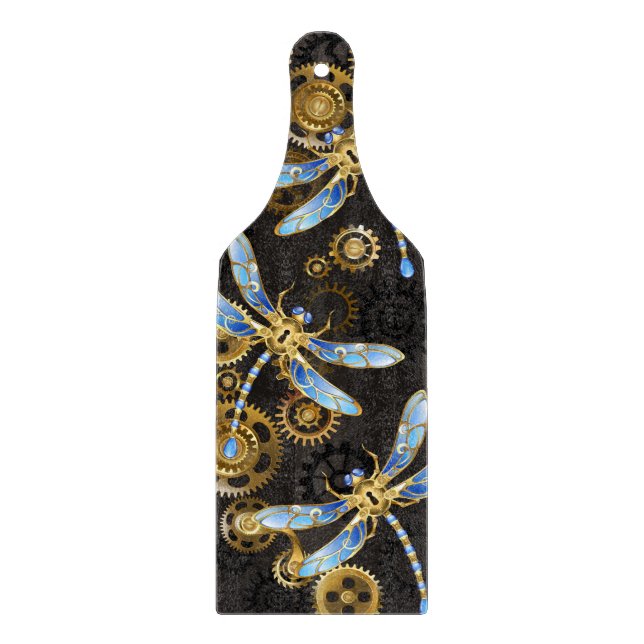 Planche À Découper Libellules Steampunk sur fond rayé marron (Devant)