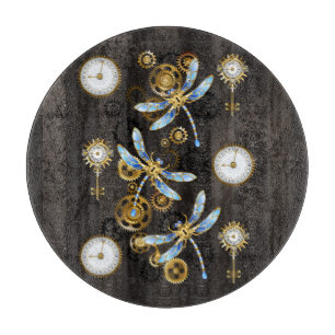 Planche À Découper Libellules Steampunk sur fond rayé marron