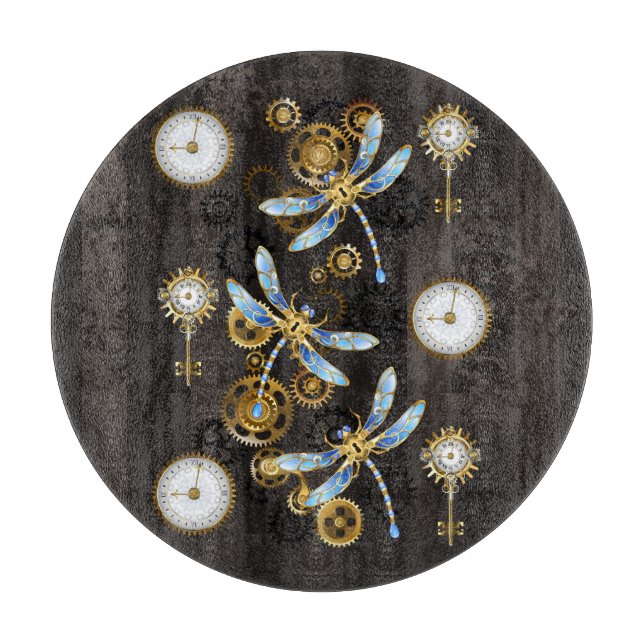 Planche À Découper Libellules Steampunk sur fond rayé marron (Devant)
