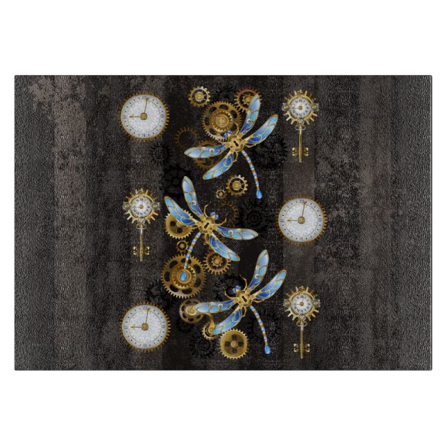 Planche À Découper Libellules Steampunk sur fond rayé marron (Devant)