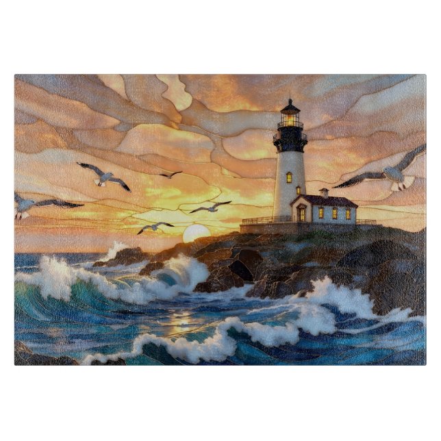 Planche À Découper Lighthouse Ocean Sunset Cutting Board Coastal Art (Devant)
