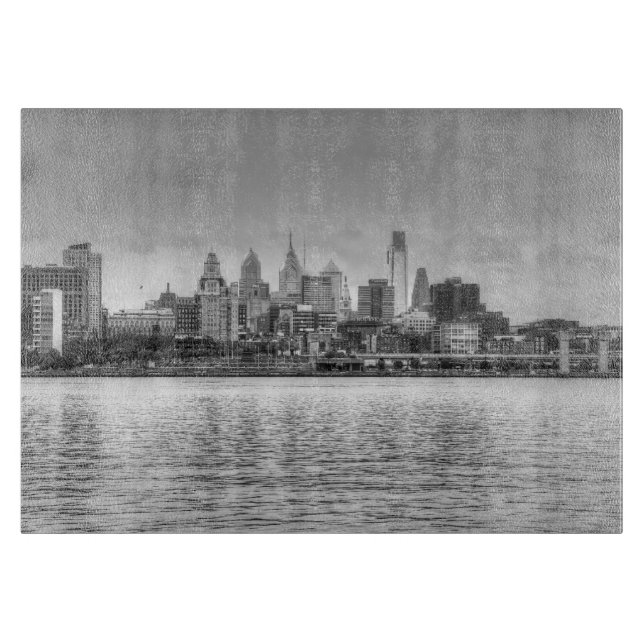 Planche À Découper Ligne d'horizon Philadelphie en noir et blanc (Devant)