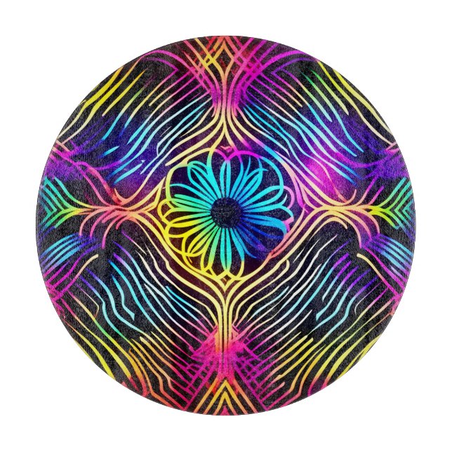 Planche À Découper Lignes de néon psychédélique avec art floral (Devant)
