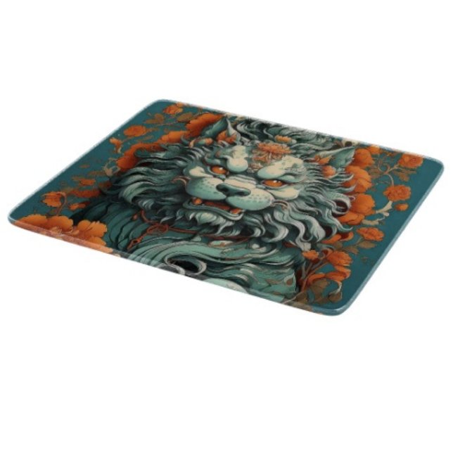Planche À Découper Lion de sagesse de la grippe  (Asian Lion Head glass cutting board hand-pressed tempered glass five different sizes.)