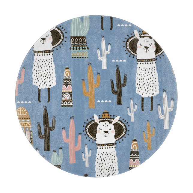 Planche À Découper Llama, Cactus, Motif d'éléments à main. (Devant)