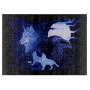 Planche À Découper Loup et corbeau avec pleine lune