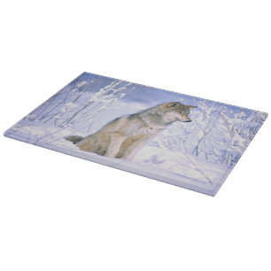 Planche À Découper Loup gris assis dans la neige, Canis lupus,