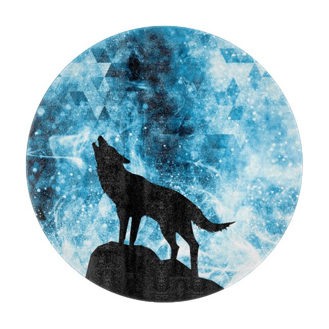 Planche À Découper Loup hurlant Fumée bleue neigeuse d'hiver Abstrait (Devant)