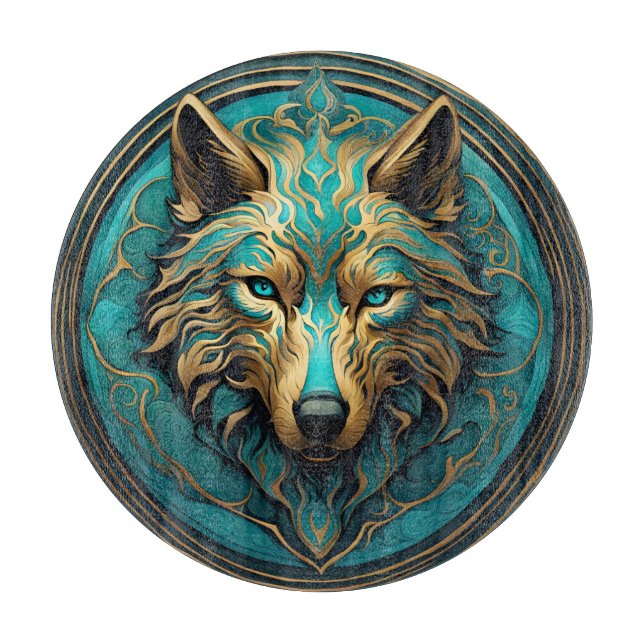Planche À Découper Loup Turquoise et Or (Devant)
