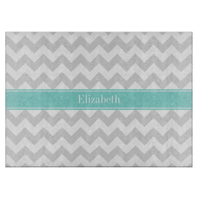 Planche À Découper Lt Gray Wht Chevron ZigZag Aqua Nom Monogram (Devant)