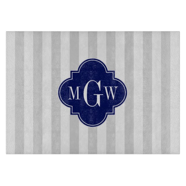 Planche À Découper Lt Grey White Stripe Marine Quatrefoil 3 Monogramm (Devant)