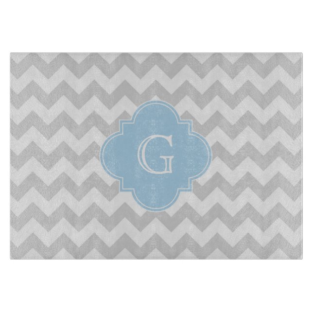 Planche À Découper Lt Gris Blanc Chevron Lt Blue Quatrefoil Monogramm (Devant)