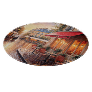 Planche À Découper Lumière dorée du coucher de soleil sur le café d'u