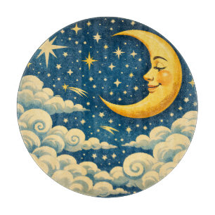 Planche À Découper Lune croissante vintage dans le ciel nocturne