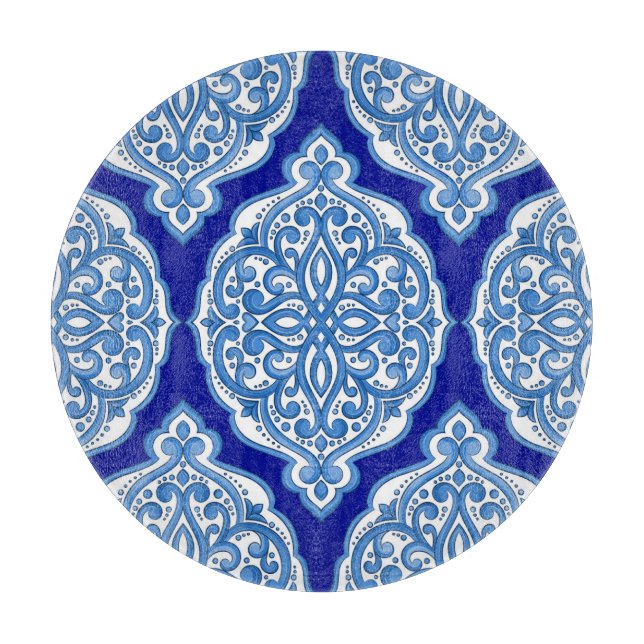 Planche À Découper Luxe blanc-bleu, ornement turc. (Devant)