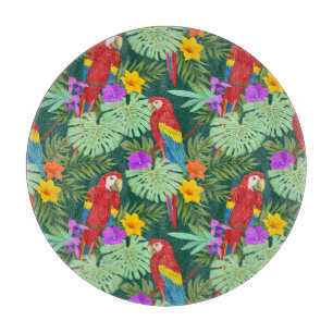 Planche À Découper Macaw, plantes tropicaux : motif sans soudure.