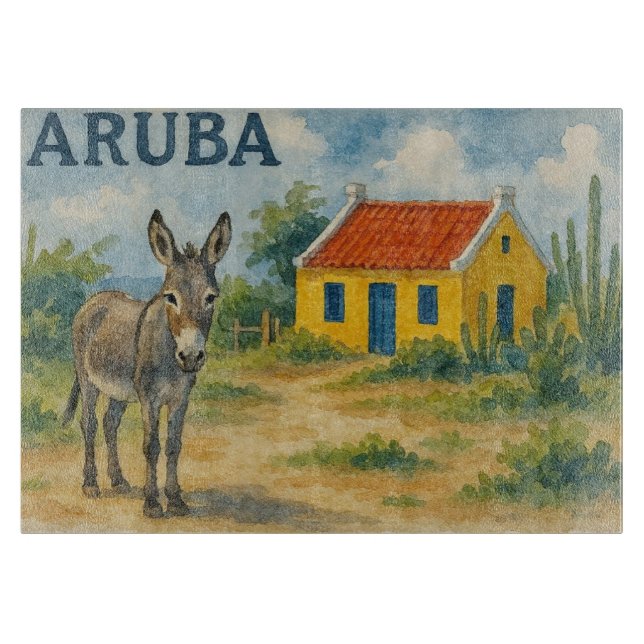 Planche À Découper Maison cunucu jaune d'Aruba avec âne aquarelle (Devant)
