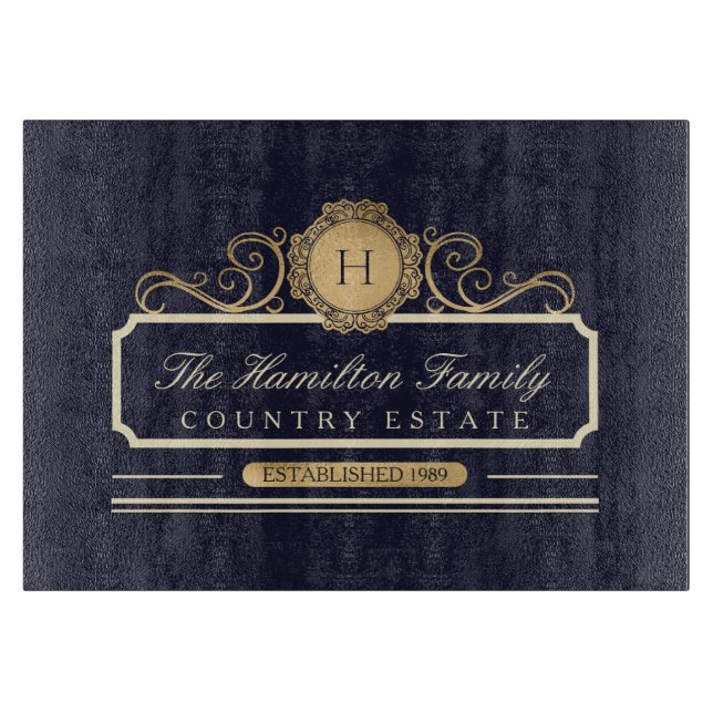 Planche À Découper Maison de Famille Élégante Monogramme Or Navy (Devant)