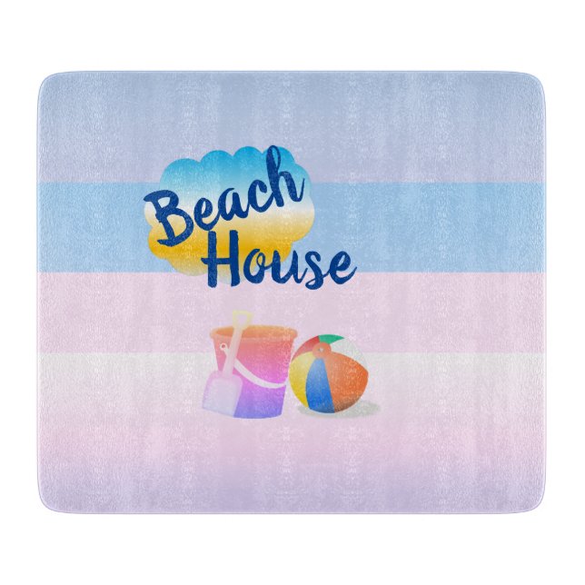 Planche à découper Maison de plage bleue et rose (Devant)