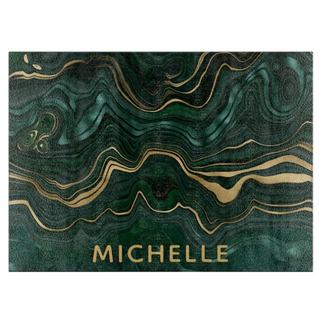Planche À Découper Malachite vert foncé et veines de feuille d'or (Devant)