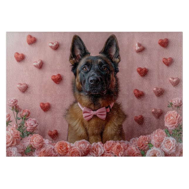 Planche À Découper Malinois belge avec des roses - Saint-Valentin  (Devant)