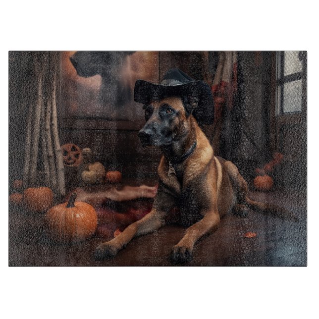 Planche À Découper Malinois Belge Citrouilles Halloween Épouvantable (Devant)