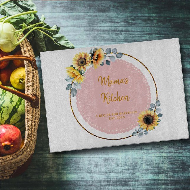 Planche À Découper Maman Cadeau Fleurs de soleil Eucalyptus Fleurs d' (mom gift glass cutting board sunflowers wreath eucalyptus greenery gold pink thanksgiving christmas )