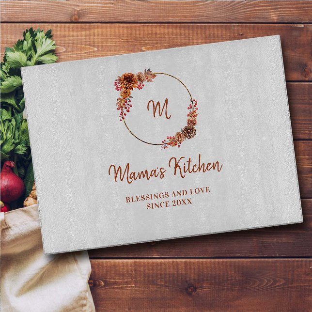 Planche À Découper Maman Cadeau Thanksgiving Harvest Gold Wreath Mono (thanksgiving decor mom gift personalized glass cutting board mum gold wreath blessings love harvest)