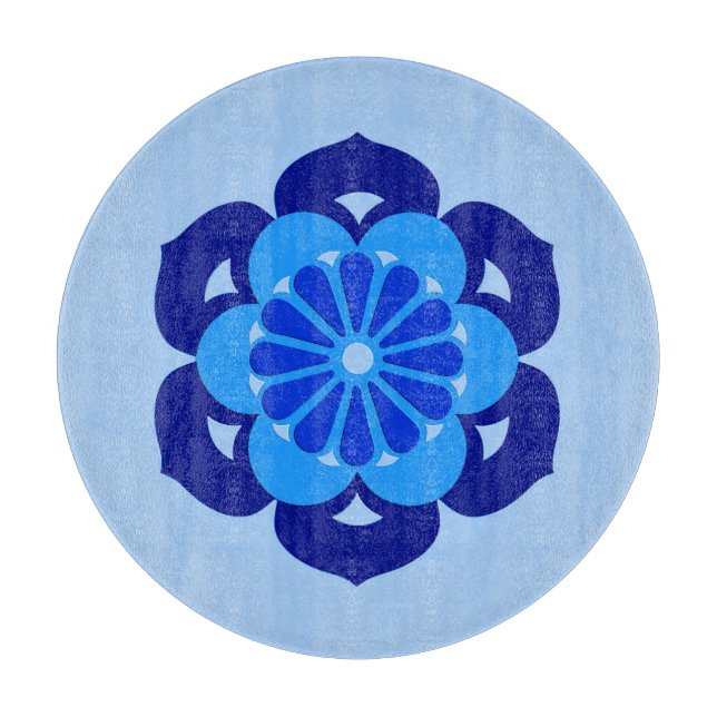 Planche À Découper Mandala de la fleur de lotus, indigo et bleu clair (Devant)