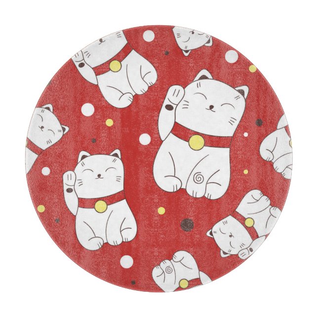 Planche À Découper Maneki-Neko chat, motif japonais de doodle. (Devant)