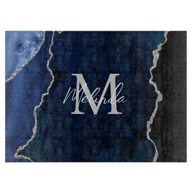 Planche À Découper Marbre Agate Bleu Nuit et Argent (Devant)
