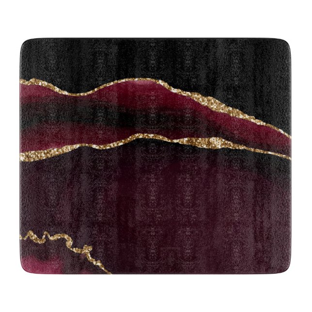 Planche À Découper Marbre Agate Chic Noir Violet Paillettes Dorées (Devant)