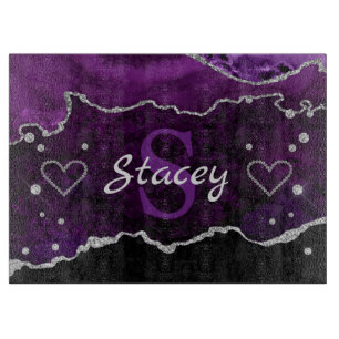 Planche À Découper Marbre Agate Monogramme Violet et Faux Paillettes 