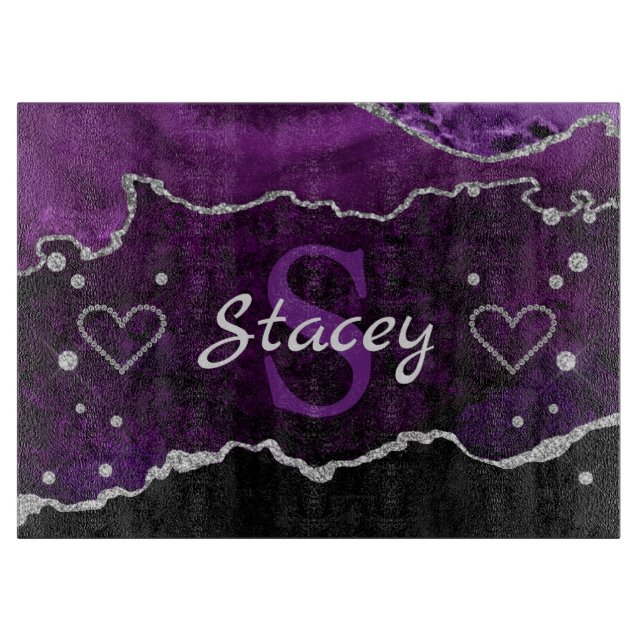 Planche À Découper Marbre Agate Monogramme Violet et Faux Paillettes  (Devant)