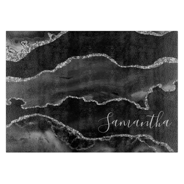 Planche À Découper Marbre Agate Noir et Paillettes de Faux Argent (Devant)