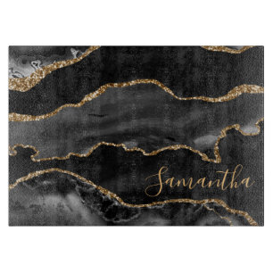 Planche À Découper Marbre Agate Noir et Paillettes de Faux Or