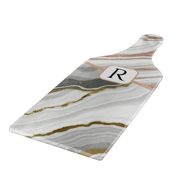 Planche À Découper Marbre Agate Or Parties scintillant Monogramme Nom (Coin)