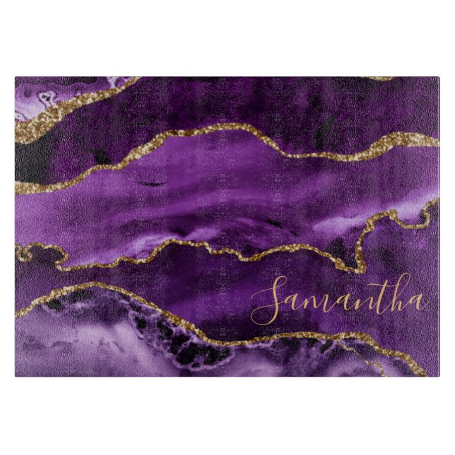 Planche À Découper Marbre agate pailleté violet et or faux (Devant)