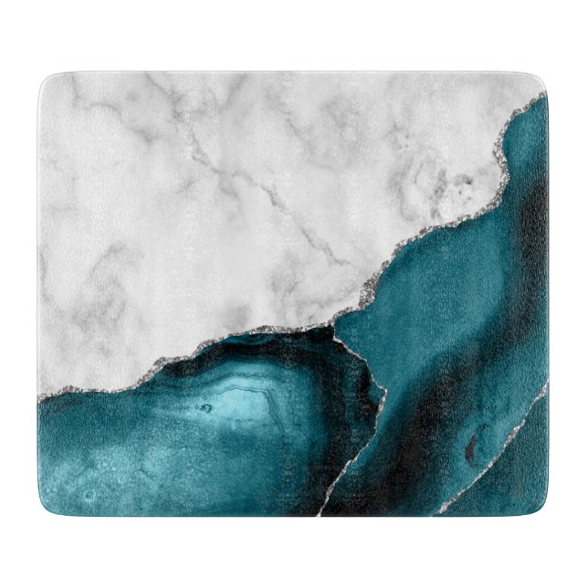 Planche À Découper Marbre blanc agate bleu sarcelle argent (Devant)