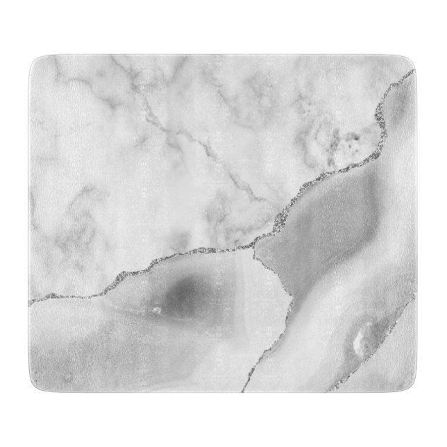 Planche À Découper Marbre Blanc Agate Grise Paillettes Argentées (Devant)