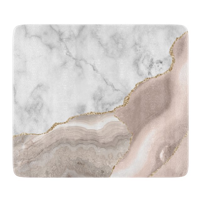 Planche À Découper Marbre Blanc Agate Ivoire Paillettes Dorées (Devant)